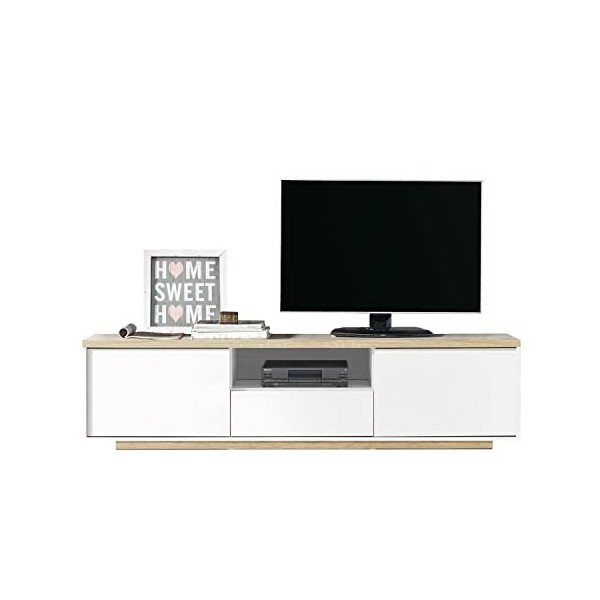 PEGANE Meuble TV Coloris Blanc/Chêne Cambrian - Longueur 183 x Profondeur 35 x Hauteur 46 cm