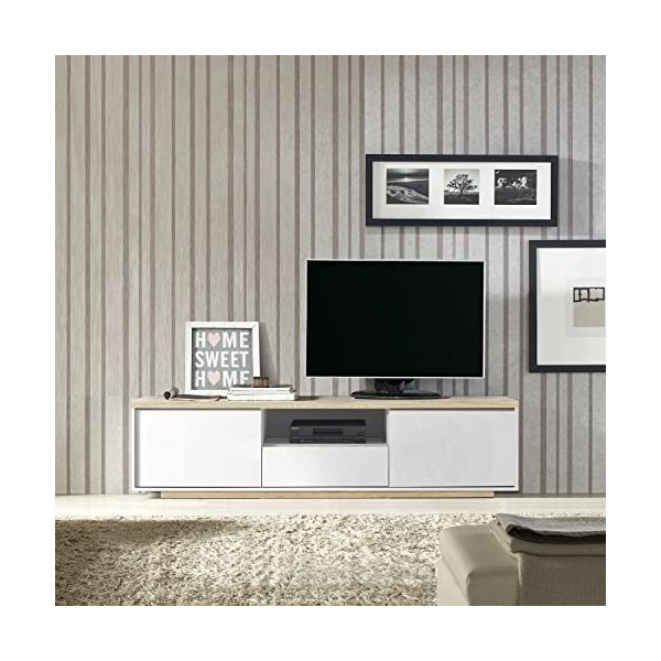 PEGANE Meuble TV Coloris Blanc/Chêne Cambrian - Longueur 183 x Profondeur 35 x Hauteur 46 cm