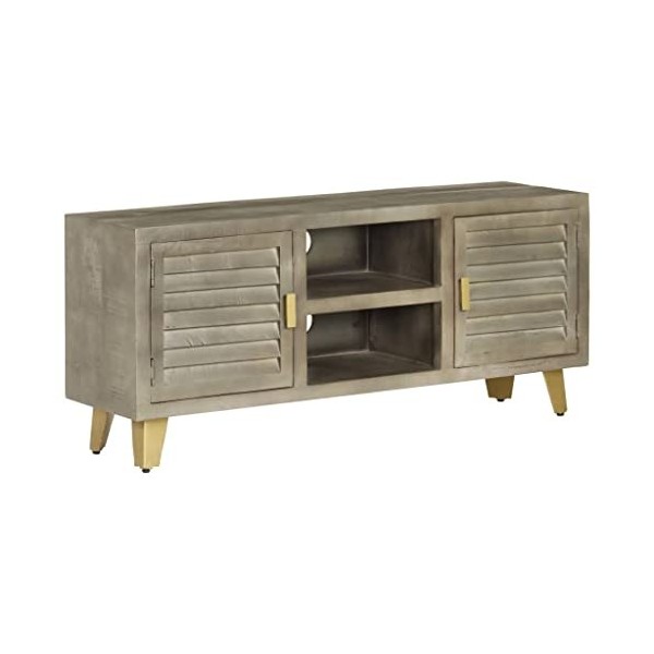 Meuble TV Bois Solide de manguier Gris avec Laiton 110x30x48 cm - Meuble Chambre, Support Télé pour Salon Salle à Manger Cham