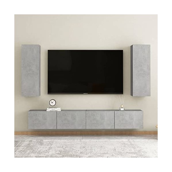 Ensemble de Meubles TV 4 pcs Gris béton Aggloméré - Banc TV, Meuble TV Suspendu, Convient pour Salon ou Chambre