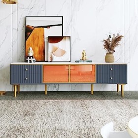 nycsuoani Meuble TV moderne en marbre avec 4 pieds, 4 tiroirs texturés avec poignées dorées et deux portes marron en verre tr