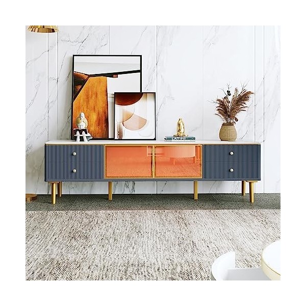 nycsuoani Meuble TV moderne en marbre avec 4 pieds, 4 tiroirs texturés avec poignées dorées et deux portes marron en verre tr