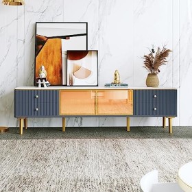 nycsuoani Meuble TV moderne en marbre avec 4 pieds, 4 tiroirs texturés avec poignées dorées et deux portes marron en verre tr