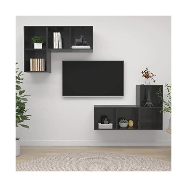 Table Télévision Basse, Simplicité et Élégance Meubles Muraux pour TV 4 pièces Gris avec Brillant Meuble TV Salon avec Grand 