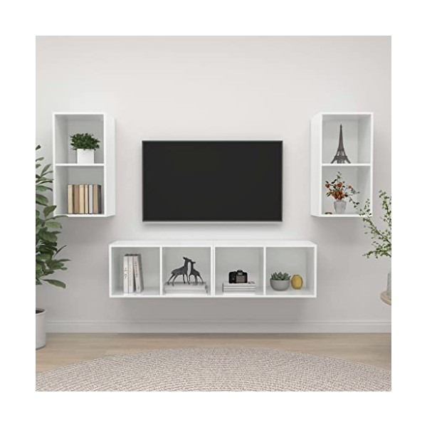 Table Télévision Basse, Simplicité et Élégance Meubles Muraux pour TV 4 pièces aggloméré Blanc avec Brillant Meuble TV Salon 