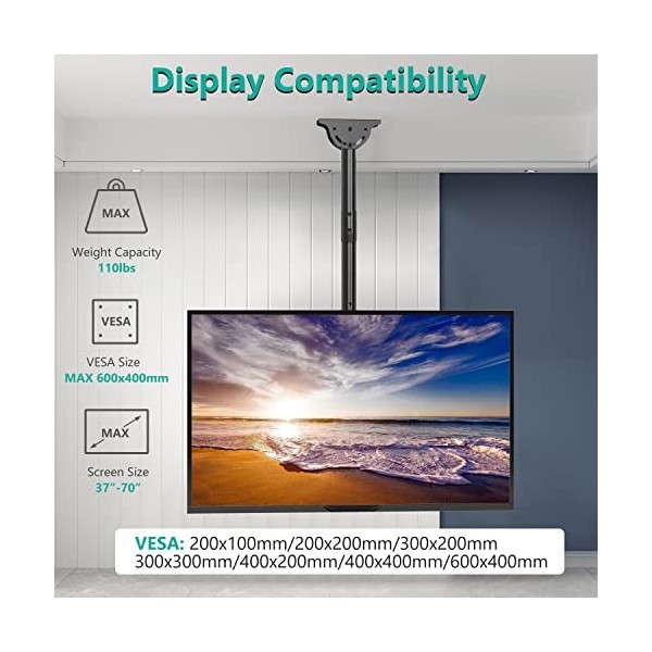 WALI Support TV de plafond réglable pour téléviseurs LED, LCD, OLED 4K de 37 à 70", jusquà 50 kg, VESA 600 x 400 mm CM3770