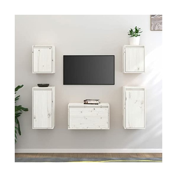 ZEYUAN Meubles TV 5 pcs Blanc Bois Massif de pin,Meuble TV Longueur,Meubles De Salon TV,Meuble Bas Salon