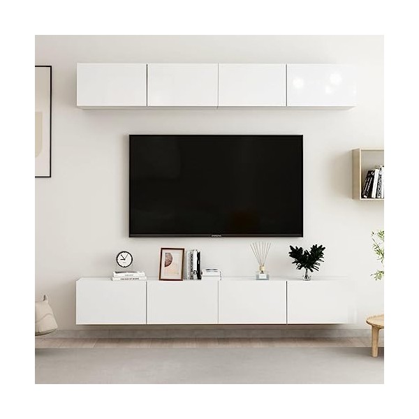 Meubles TV 4 pcs Blanc Brillant 100x30x30 cm Aggloméré - Banc TV, Meuble TV Suspendu, Convient pour Salon ou Chambre