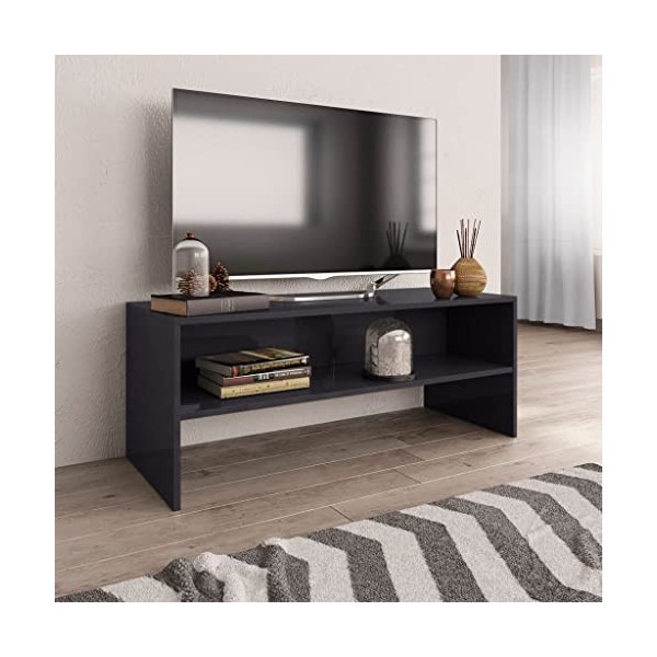 homiuse Meuble TV Gris Brillant 100x40x40 cm Aggloméré Bibliothèque Style Classique Support de TV Table TV Meuble Salon Armoi