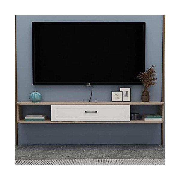 MABIBI Meuble TV flottant, meuble TV mural à un tiroir, design à clapet avec trous pour fils, pour vidéoprojecteur, boîte de 