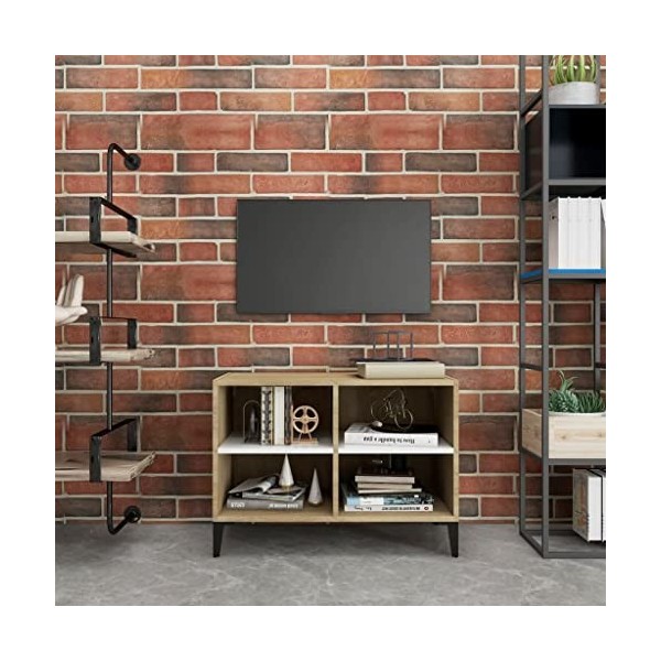 Meuble TV | Style Contemporain | Rangement matériel télé Audio Video Gaming | 69,5x30x50cm Blanc et chêne Sonoma