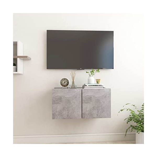Meuble TV Suspendu | Style Contemporain | Rangement matériel télé Audio Video Gaming | 60x30x30cm Gris béton
