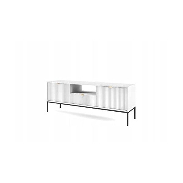 Meuble TV Blanc 154x56x39cm Noemie Meuble Hi-FI Commode TV sur Pied