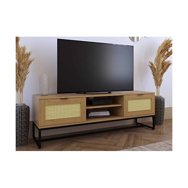Deco In Paris Meuble TV scandinave 2 Portes en Bois Clair métal et cannage TULLIO 150x40x50