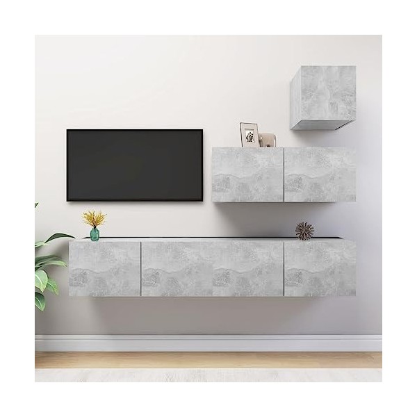 Ensemble de Meuble TV 4 pcs Gris béton Aggloméré - Meuble TV de Salon Banc Télé Industriel, Support Rangement Console Jeux Et
