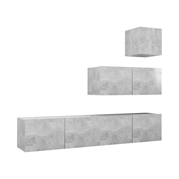 Ensemble de Meuble TV 4 pcs Gris béton Aggloméré - Meuble TV de Salon Banc Télé Industriel, Support Rangement Console Jeux Et