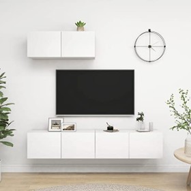 Meuble TV Mural Support TV pour télévision avec Compartiments 3pcs, Meuble de Rangement TV Table pour Salon, Scandinave, Blan
