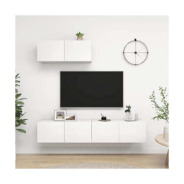 Meuble TV Mural Support TV pour télévision avec Compartiments 3pcs, Meuble de Rangement TV Table pour Salon, Scandinave, Blan
