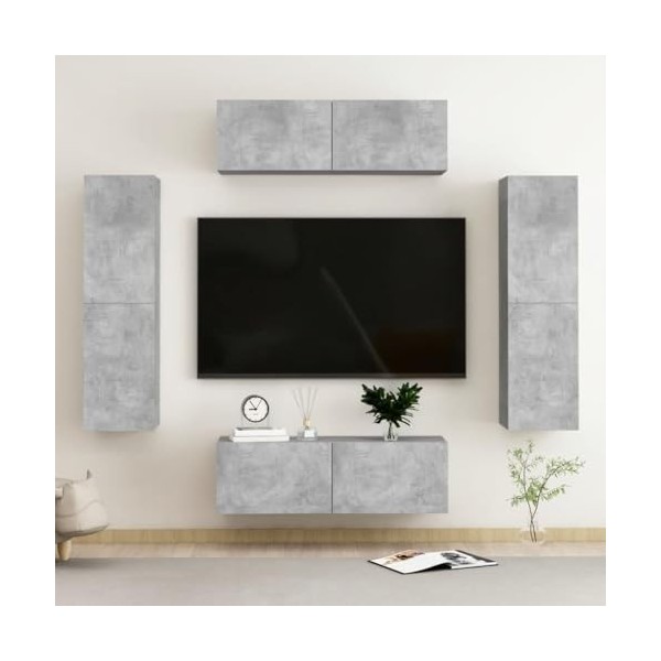 Ensemble de Meubles TV 4 pcs Gris béton Aggloméré - Banc TV, Meuble TV Suspendu, Convient pour Salon ou Chambre