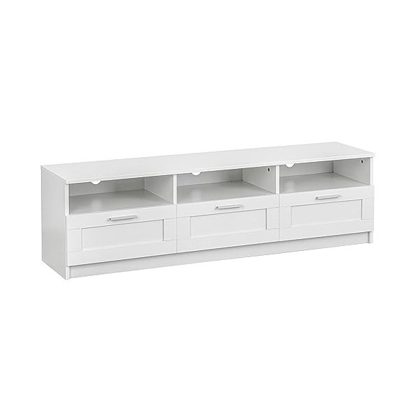 Baroni Home Meuble TV avec 3 étagères 3 tiroirs, Trou de Câble en MDF, Meuble TV Console pour Chambre, Salon, Cuisine, Blanc,