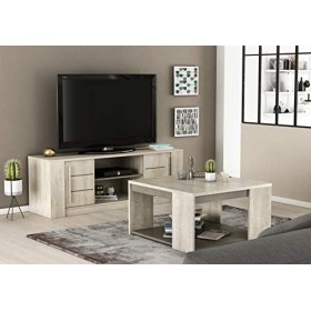 Demeyere Meuble TV Contemporain-Étagère Centrale Claire 2 Portes Coulissantes-Collection Antibes, Chêne Champagne/béton Beige