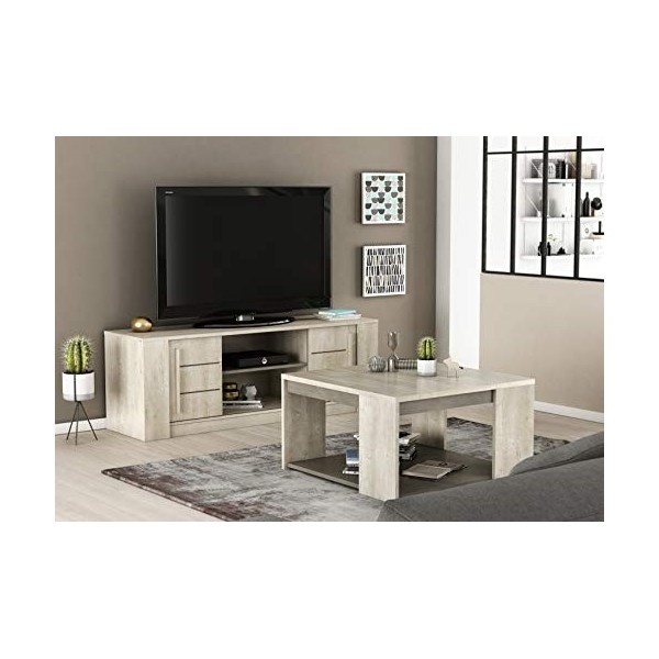 Demeyere Meuble TV Contemporain-Étagère Centrale Claire 2 Portes Coulissantes-Collection Antibes, Chêne Champagne/béton Beige