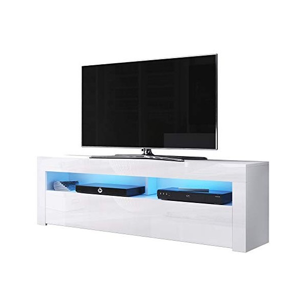 Alan - Meuble TV/Table Basse TV/Banc TV de Salon 160 cm, Blanc Mat/Blanc Brillant avec l’éclairage LED Bleue en Option 