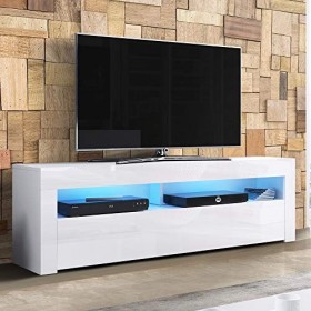 Alan - Meuble TV/Table Basse TV/Banc TV de Salon 160 cm, Blanc Mat/Blanc Brillant avec l’éclairage LED Bleue en Option 