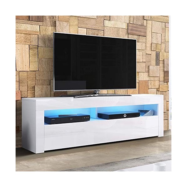 Alan - Meuble TV/Table Basse TV/Banc TV de Salon 160 cm, Blanc Mat/Blanc Brillant avec l’éclairage LED Bleue en Option 