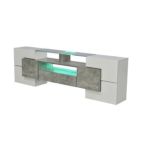 Élégant meuble TV bas blanc brillant de 200 cm avec éclairage LED – Design moderne – Meuble de salon en MDF marron 