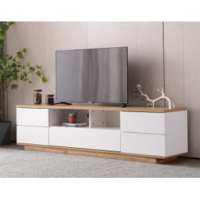 Meuble TV Moderne à Blocage de Couleur Meuble TV Finition Brillante avec étagère de 180 cm en Grain de Bois avec 2 Portes pou