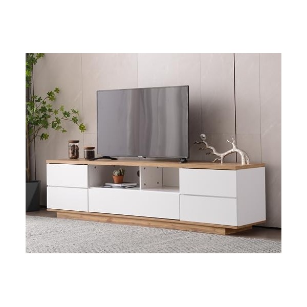 Meuble TV Moderne à Blocage de Couleur Meuble TV Finition Brillante avec étagère de 180 cm en Grain de Bois avec 2 Portes pou