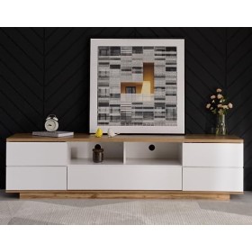 Meuble TV Moderne à Blocage de Couleur Meuble TV Finition Brillante avec étagère de 180 cm en Grain de Bois avec 2 Portes pou