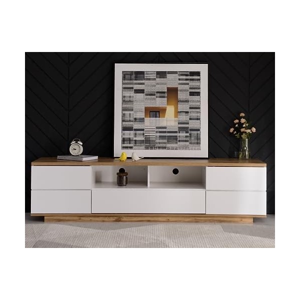 Meuble TV Moderne à Blocage de Couleur Meuble TV Finition Brillante avec étagère de 180 cm en Grain de Bois avec 2 Portes pou