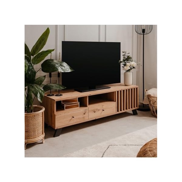 CaliCosy Meuble TV 1 Porte, 2 Tiroirs et 2 Niches - Décor Chêne Artisan et Gris Anthracite Lublin - Design Contemporain - Pan