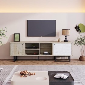 Meuble TV Bas Vintage, Meuble TV Bois 160 cm avec 2 Portes, Deux Compartiments Dont Un Compartiment Ouvert, Meuble TV Support