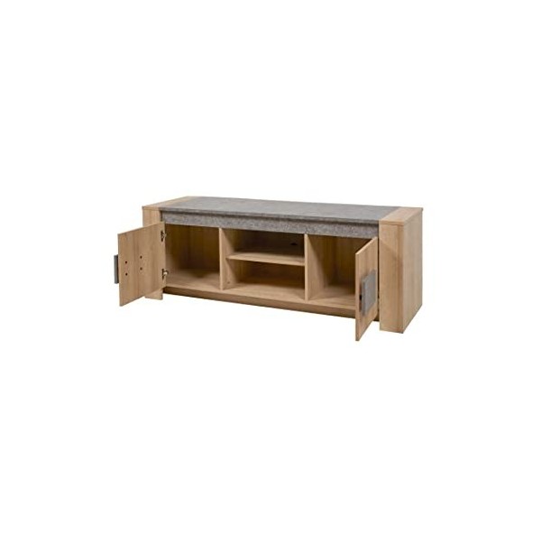 Tousmesmeubles Meuble TV Chêne 2 Portes Oxygene/Béton ciré Clair - Daphne - L 155 x l 45 x H 59 cm - Neuf