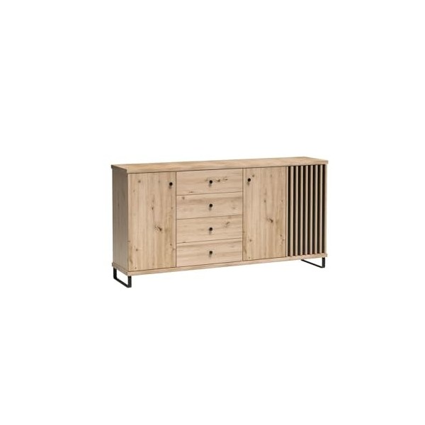 MINIO go for it Meuble TV à Lamelles Mali, 160,6x43,4x40,6 cm, Buffet TV Moderne avec 1 Porte et 2 Tiroirs, Meuble Idéal pour