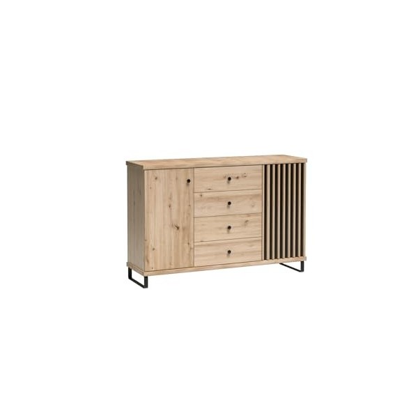 MINIO go for it Meuble TV à Lamelles Mali, 160,6x43,4x40,6 cm, Buffet TV Moderne avec 1 Porte et 2 Tiroirs, Meuble Idéal pour