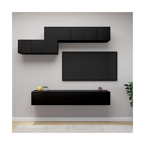 Ensemble de Meuble TV 7 pcs Noir Aggloméré - Table TV Support de Télévision en Bois pour Salon Chambre Salle à Manger