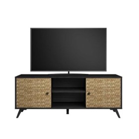 Meuble TV 2 Portes 2 niches Noir/Bois - Vietnam - L 136 x l 40 x H 53 cm - Neuf
