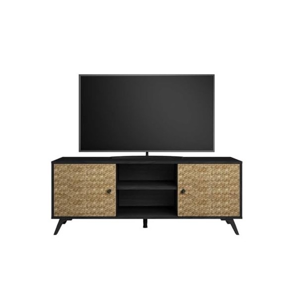 Meuble TV 2 Portes 2 niches Noir/Bois - Vietnam - L 136 x l 40 x H 53 cm - Neuf