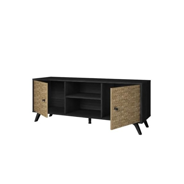 Meuble TV 2 Portes 2 niches Noir/Bois - Vietnam - L 136 x l 40 x H 53 cm - Neuf