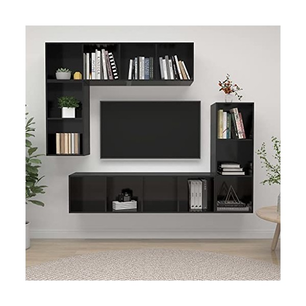 Ensemble de Meubles TV 4 pcs Noir Brillant Bois dingénierie - Table TV Support de Télévision en Bois pour Salon Chambre Sall