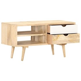 lvssiao Meuble TV pour salon, meuble TV en bois massif de mangue 90 x 35 x 45 cm très résistant Module TV pour chambre à couc