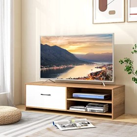 KOMFOTTEU Meuble TV pour TV jusquà 55 Pouces, Meuble TV Moderne avec Tiroir et 2 étagères Ouvertes, Banc TV Salon 120x42x35 