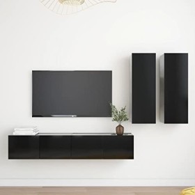 Meuble TV Mural avec Compartiments 4pcs, Meuble de Rangement TV Table pour Salon, Contemporain, Noir