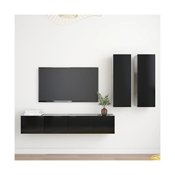 Meuble TV Mural avec Compartiments 4pcs, Meuble de Rangement TV Table pour Salon, Contemporain, Noir