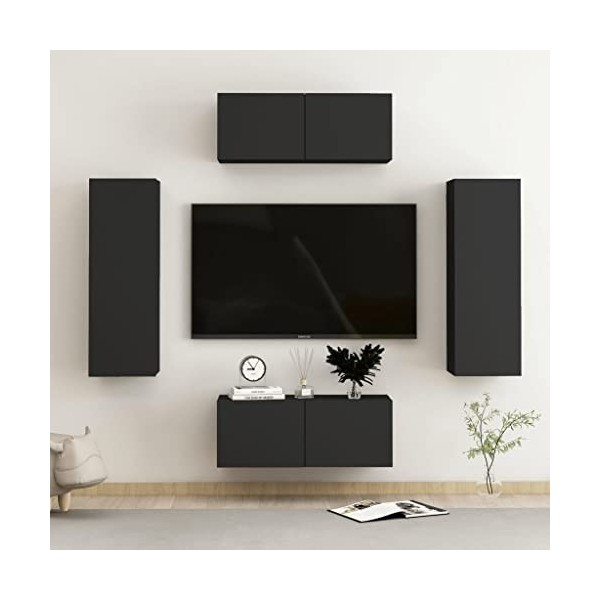 Meuble TV Mural avec Compartiments 4pcs, Meuble de Rangement TV Table pour Salon, Scandinave, Noir