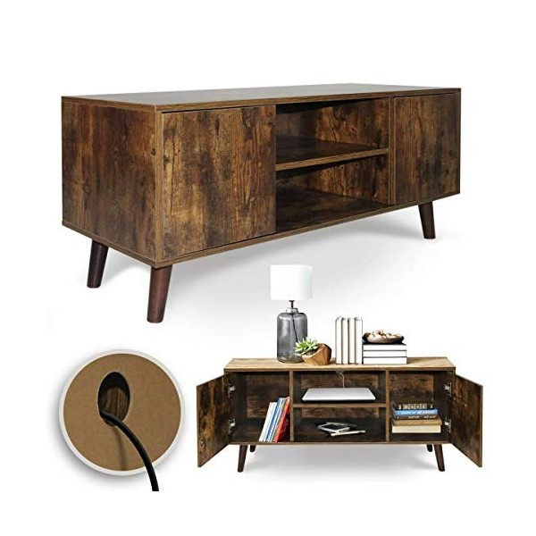 Meuble TV design industriel vintage pour salon, buffet TV avec deux compartiments et deux étagères